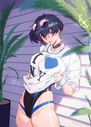 Rule 34 | 1girl, bandaid, bandaid on face, black hair, blue eyes, blue nails, choker, clothes lift, competition swimsuit, eyewear on head, highleg, highleg swimsuit, highres, lifted by self, nail polish, olys, one-piece swimsuit, original, plant, shirt, shirt lift, short hair, solo, standing, swimsuit, t-shirt, wrist cuffs