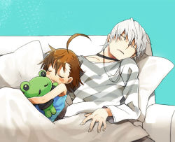 Rule 34 | 1boy, 1girl, accelerator (toaru majutsu no index), ahoge, albino, bad id, bad pixiv id, blanket, blush stickers, choker, gekota, hetero, hug, last order (toaru majutsu no index), mtmt mtmt, shirt, sleeping, striped clothes, striped shirt, stuffed toy, toaru majutsu no index, toaru majutsu no index: old testament, white hair