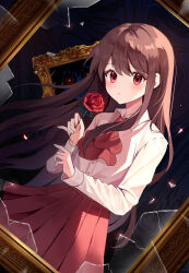 Rule 34 | 1girl, ascot, broken glass, brown hair, closed mouth, collared shirt, doll (ib), floating hair, flower, glass, glass shards, highres, holding, holding flower, ib (ib), ib (kouri), long hair, long sleeves, looking at viewer, picture frame, pleated skirt, red ascot, red eyes, red flower, red rose, red skirt, rose, shards, shirt, skirt, tissue (syu rmfla), very long hair, white shirt