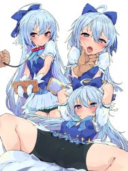Rule 34 | 1girl, ahoge, arms up, bike shorts, black shorts, blue dress, blue eyes, blush, breasts, collar, crotch, dress, drugs, gloves, leaning back, leash, long hair, looking at viewer, multiple views, open mouth, pill, pkpkpppk, princess connect!, puffy short sleeves, puffy sleeves, short shorts, short sleeves, shorts, simple background, skirt, small breasts, spread legs, thighs, tomo (magical girl) (princess connect!), tomo (princess connect!), tongue, tongue out, white background, white gloves, white skirt
