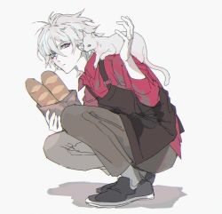 Rule 34 | 1boy, apron, baguette, black apron, black footwear, blue eyes, bread, brown pants, cat, closed mouth, colored skin, ebanoniwa, fate/grand order, fate (series), food, grey hair, hand up, holding, karna (fate), male focus, pants, red shirt, shirt, shoes, simple background, solo, squatting, white background, white skin