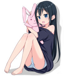 Rule 34 | 1girl, bare legs, bare shoulders, barefoot, black hair, blue eyes, blush, full body, kimagure blue, long hair, open mouth, original, oversized clothes, panties, revision, simple background, sitting, smile, solo, stuffed animal, stuffed rabbit, stuffed toy, underwear, white background, white panties