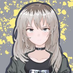 Rule 34 | 1girl, black choker, black outline, black shirt, bokusui neko, chinese commentary, choker, closed mouth, commentary request, earclip, girls band cry, grey eyes, grey hair, grey jacket, jacket, kawaragi momoka, long hair, looking at viewer, multicolored hair, outline, roots (hair), shirt, solo, upper body