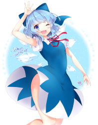 Rule 34 | 1girl, blue bow, blue eyes, blue hair, blush, bow, cirno, dated, hair bow, highres, looking at viewer, miya sakaori, one eye closed, open mouth, red ribbon, ribbon, short hair, signature, smile, solo, thighs, touhou