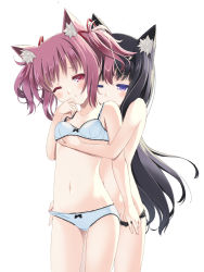 Rule 34 | 10s, 2girls, akemi homura, animal ears, bad id, bad pixiv id, black hair, blush, bow, bow bra, bow panties, bra, breasts, cat ears, hand in bra, hand under clothes, hug, hug from behind, kaname madoka, keito (kazamatuli), kemonomimi mode, lingerie, long hair, mahou shoujo madoka magica, mahou shoujo madoka magica (anime), midriff, multiple girls, navel, one eye closed, open mouth, panties, panty pull, purple eyes, red eyes, senoo aoi, short hair, short twintails, simple background, small breasts, standing, twintails, underboob, underwear, underwear only, wink, yuri