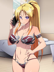 Rule 34 | 00s, 1girl, armor, bare shoulders, barefoot, bed, bed sheet, bible black, bikini armor, blonde hair, blush, breasts, cellphone, feet, hand on own hip, highres, large breasts, legs, long hair, looking at viewer, navel, nightmare express, phone, pillow, ponytail, purple eyes, saeki kaori, solo, standing, thighs, toes