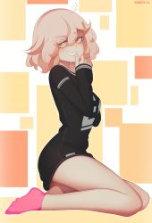 Rule 34 | 1girl, absurdres, black shirt, blush, hair between eyes, hair ornament, hairclip, hands up, highres, long sleeves, medium hair, once 11h, original, parted lips, pink socks, rectangle, shirt, signature, sleeves past wrists, smile, socks, solo, white hair, yellow eyes