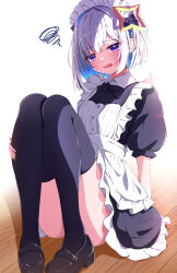 Rule 34 | 1girl, absurdres, alternate costume, amane kanata, apron, arm support, black dress, black footwear, black thighhighs, blue hair, bow, colored inner hair, convenient leg, dress, frilled apron, frilled dress, frills, full body, grey hair, hair bow, halo, hand on own leg, highres, hololive, knees up, legs, loafers, looking at viewer, maid, maid apron, maid headdress, medium hair, multicolored hair, on ground, parted bangs, pink hair, puffy short sleeves, puffy sleeves, purple eyes, shoes, short dress, short sleeves, sidelocks, single hair intake, solo, squiggle, star halo, streaked hair, t4n4k4 no yosei, thighhighs, thighs, virtual youtuber, white background, wooden floor