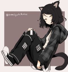 Rule 34 | 1girl, absurdres, animal ears, black hair, brown eyes, cat ears, cat tail, commission, expressionless, flat chest, full body, hamigakikoice, hand on own knee, highres, hood, hood down, hoodie, open clothes, open hoodie, original, pants, shirt, shoes, short hair, skeb commission, sneakers, solo, tail