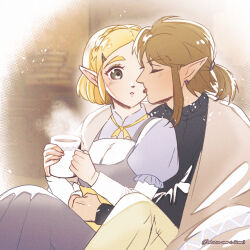 Rule 34 | 1boy, 1girl, black sweater, blonde hair, braid, brown hair, closed eyes, crown braid, cup, dress, earrings, green eyes, grey dress, highres, holding, holding cup, hug, jewelry, licking, licking another&#039;s face, link, nintendo, parted lips, pointy ears, princess zelda, shared blanket, shirt, shirt under dress, short hair, short ponytail, sidelocks, sweater, the legend of zelda, the legend of zelda: tears of the kingdom, white shirt, wildstar69