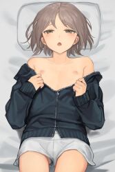 Rule 34 | 1boy, bed sheet, brown eyes, brown hair, bulge, collarbone, highres, jacket, looking at viewer, lying, male focus, nipples, off shoulder, on back, open clothes, open jacket, open mouth, original, pillow, short hair, shorts, solo, sunaba (nczd5875), trap, white shorts