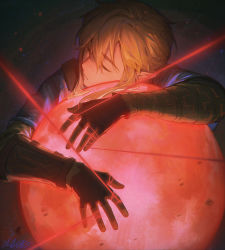Rule 34 | 1boy, alzi xiaomi, ball, blonde hair, chinese commentary, closed eyes, commentary request, fingerless gloves, gloves, glowing, hair between eyes, highres, link, male focus, nintendo, hugging object, orb, parted lips, pointy ears, red theme, signature, simple background, sleeping, solo, string, string around finger, string of fate, the legend of zelda, the legend of zelda: breath of the wild, tunic