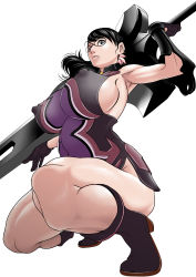 Rule 34 | 1girl, artist request, black hair, boots, breasts, cattleya (queen&#039;s blade), cattleya (queen's blade), covered erect nipples, flower, full body, geromanjyu, glasses, gloves, grey eyes, highres, huge breasts, huge weapon, ponytail, queen&#039;s blade, sideboob, simple background, solo, sword, thighs, weapon, weapon merchant cattleya, white background