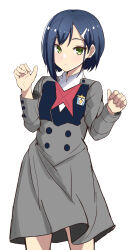 Rule 34 | 1girl, asymmetrical hair, black dress, blue hair, blush, bob cut, breasts, buttons, closed mouth, commentary, cowboy shot, curled fingers, darling in the franxx, double-breasted, dress, food, fruit, green eyes, grey dress, hair ornament, hairclip, hands up, highres, ichigo (darling in the franxx), long sleeves, looking at viewer, military uniform, pursed lips, short hair, simple background, small breasts, solo, strawberry, suberaku, two-tone dress, uniform, w arms, white background