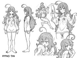 Rule 34 | 1girl, @ @, ahoge, bad id, barefoot, black hair, character name, character sheet, curly hair, energy gun, english text, feet, gloves, greyscale, highres, hypno-tan, hypnohub, mind control, monochrome, multiple views, myuk, open mouth, original, panties, ray gun, saliva, tongue, tongue out, traditional, underwear, weapon