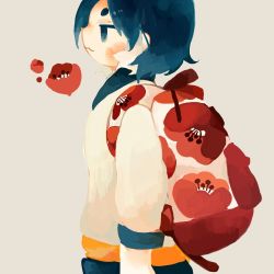 Rule 34 | :3, backpack, bag, blue eyes, blue hair, blue sailor collar, blue skirt, bukka-chan (butudan butugu), butudan butugu, commentary, floral print, flower, flower request, from side, looking away, multicolored hair, original, print bag, profile, red flower, sailor collar, shirt, short hair, simple background, skirt, solo, standing, streaked hair, two-tone hair, upper body, white background, white hair, white shirt