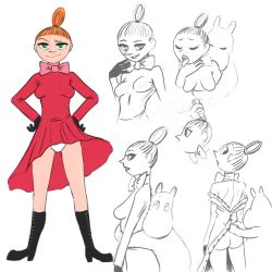 Rule 34 | black footwear, black gloves, bow, bowtie, breasts, dress, flick-the-thief, gloves, green eyes, highres, little my, moomin, moomintroll, panties, red dress, red hair, tongue, tongue out, underwear, white panties