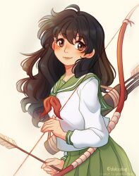 Rule 34 | 1girl, arrow (projectile), black hair, blush, bow (weapon), brown eyes, cowboy shot, dulcealuf, green skirt, highres, higurashi kagome, holding, holding arrow, holding bow (weapon), holding weapon, inuyasha, long hair, long sleeves, looking at viewer, quiver, sailor collar, school uniform, shirt, simple background, skirt, smile, solo, twitter username, weapon, white shirt