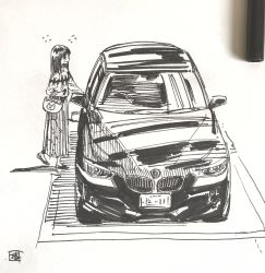 Rule 34 | 1girl, art tools in frame, bag, car, closed mouth, commentary request, flying sweatdrops, greyscale, highres, hiro (dismaless), license plate, long hair, long sleeves, monochrome, motor vehicle, original, photo (medium), simple background, skirt, solo, standing, sweater, traditional media, vehicle focus
