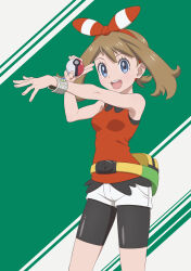 Rule 34 | 1girl, :d, bike shorts, bike shorts under shorts, blue eyes, bow hairband, bracelet, breasts, brown hair, commentary request, creatures (company), eyelashes, fanny pack, game freak, gensei00, green background, hairband, highres, holding, holding poke ball, jewelry, may (pokemon), medium hair, nintendo, open mouth, poke ball, poke ball (basic), pokemon, pokemon oras, red hairband, red shirt, shirt, shorts, sleeveless, sleeveless shirt, smile, solo, teeth, upper teeth only, yellow bag