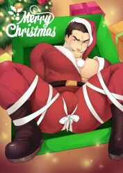 Rule 34 | 1boy, anger vein, ass, bara, bare pectorals, boots, box, brown hair, bulge, christmas, christmas tree, framed crotch, frown, gag, gaged, gift, gift box, hat, highres, improvised gag, in box, in container, large pectorals, looking at viewer, lying, male focus, merry christmas, muscular, muscular male, on back, original, out of frame, pectorals, red hat, santa costume, santa hat, short hair, solo, spread legs, tape, tape gag, thick eyebrows, winemvee