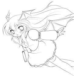 Rule 34 | 1girl, absurdres, bat wings, belt, book, chibi, female focus, greyscale, head wings, highres, koakuma, lineart, looking at viewer, monochrome, necktie, open mouth, solo, thighhighs, touhou, transparent background, vest, wings, yume shokunin