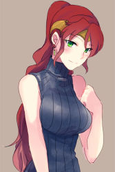 Rule 34 | 1girl, breasts, forehead protector, green eyes, large breasts, long hair, ponytail, pyrrha nikos, red hair, ribbed sweater, rwby, sleeveless, sleeveless turtleneck, smile, solo, sora (efr), sweater, turtleneck