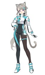 Rule 34 | 1girl, absurdres, animal ears, aqua hair, baek hyang, bodystocking, brown pantyhose, cat ears, cat tail, commentary, covered navel, cropped jacket, full body, genshin impact, gloves, grey hair, head tilt, highres, jacket, long hair, looking at viewer, lynette (genshin impact), multicolored hair, pantyhose, purple eyes, shoes, simple background, solo, standing, tail, thigh strap, very long hair, white background, white footwear, white jacket