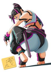 Rule 34 | 1girl, ass, automatic giraffe, bare shoulders, black hair, breasts, fingerless gloves, gloves, grin, hair horns, hair over one eye, han juri, highres, looking at viewer, looking back, purple eyes, simple background, small breasts, smile, solo, spikes, street fighter, street fighter 6, street fighter iv (series), tiptoes, toeless footwear, white background