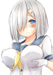 Rule 34 | 10s, 1girl, absurdres, blue eyes, blush, breast hold, breast lift, breasts, female focus, gloves, hair ornament, hair over one eye, hairclip, hamakaze (kancolle), highres, kantai collection, large breasts, neckerchief, saku (kudrove), school uniform, serafuku, silver hair, simple background, solo, upper body, white gloves, yellow neckerchief