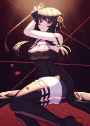Rule 34 | 1girl, ass, black dress, black hair, blood, bloody weapon, breasts, cleavage, dagger, dress, earrings, gold earrings, gold hairband, hairband, holding, holding dagger, holding knife, holding weapon, hynori, jewelry, knife, looking at viewer, medium breasts, red eyes, solo, spy x family, stiletto (weapon), weapon, yor briar