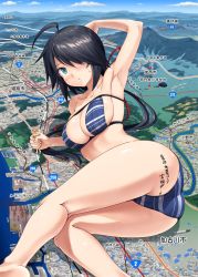 Rule 34 | 1girl, admiral (kancolle), ahoge, arm behind head, armpits, ass, bad id, bad twitter id, bikini, black hair, blue eyes, blue sky, blush, breasts, city, cleavage, collarbone, day, hair ornament, hair over one eye, hairclip, highres, holding, ichikawa feesu, kako (kancolle), kantai collection, large breasts, long hair, lying, map, messy hair, mountain, on side, outdoors, parted bangs, ponytail, remodel (kantai collection), short hair, sidelocks, skindentation, sky, striped bikini, striped clothes, sweatdrop, swimsuit, t-head admiral, translation request