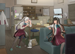Rule 34 | 2girls, absurdres, asashimo (kancolle), black hair, blue bow, blue bowtie, bow, bowtie, chair, clock, closed mouth, colored inner hair, commentary request, controller, couch, cushion, dress, fang, grey eyes, hairband, halterneck, highres, holding, holding controller, kantai collection, kuragare, long hair, multicolored hair, multiple girls, naganami (kancolle), open mouth, pantyhose, pink hair, ponytail, purple dress, refrigerator, shirt, sitting, table, television, two-tone hair, white hair, white hairband, white shirt, yellow eyes