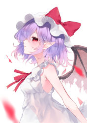 Rule 34 | 1girl, absurdres, bare arms, bare shoulders, bat wings, blush, breasts, dress, from side, hair between eyes, hat, highres, looking at viewer, mob cap, parted lips, pointy ears, profile, red eyes, red neckwear, red ribbon, remilia scarlet, ribbon, rori82li, see-through, see-through dress, short hair, simple background, sleeveless, small breasts, solo, touhou, white background, white dress, wings