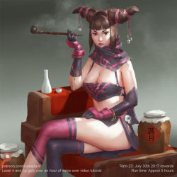 Rule 34 | 1girl, adapted costume, breasts, capcom, cleavage, han juri, looking at viewer, revealing clothes, sitting, street fighter, tobacco pipe, xia taptara