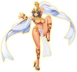 Rule 34 | 10s, 1girl, arm up, black hair, blue eyes, blush, bracelet, breasts, closed mouth, crown, egyptian, full body, high heels, jewelry, large breasts, looking at viewer, menace (queen&#039;s blade), menace (queen&#039;s blade unlimited), nail polish, navel, official art, panties, pelvic curtain, queen&#039;s blade, queen&#039;s blade unlimited, revealing clothes, ring, sandals, setra, shiny skin, short hair, smile, solo, standing, standing on one leg, striped clothes, striped panties, transparent background, underboob, underwear