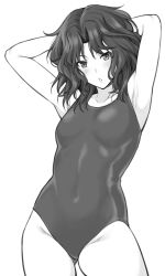 Rule 34 | 1girl, amagami, arms behind head, breasts, cowboy shot, greyscale, groin, looking at viewer, medium hair, messy hair, monochrome, one-piece swimsuit, parted lips, shouji nigou, simple background, small breasts, solo, standing, swimsuit, tanamachi kaoru