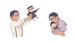 Rule 34 | 2boys, aged down, arms up, black hair, character doll, chengongzi123, child, closed eyes, collared shirt, cropped torso, dark-skinned male, dark skin, golden kamuy, highres, holding, holding toy, hugging object, japanese clothes, koito otonoshin, long sleeves, male focus, multiple boys, open mouth, outstretched arms, shirt, short hair, simple background, suspenders, toy, triangle mouth, tsukishima hajime, very short hair, white background, wide sleeves