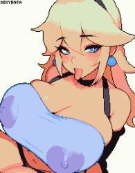 Rule 34 | 1girl, alternate costume, armpit crease, artist name, black hairband, blonde hair, blue eyes, blush, breasts, commentary, covered erect nipples, doxy, earrings, english commentary, gyaru, hair between eyes, hairband, huge breasts, jewelry, large areolae, long hair, mario (series), navel, nintendo, pixel art, princess peach, revealing clothes, see-through, see-through shirt, shiny skin, sidelocks, sitting, skindentation, solo, sphere earrings, super mario bros. 1, tan, thighs, tongue, tongue out