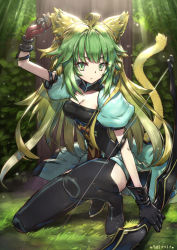 Rule 34 | 1girl, animal ears, arm up, armlet, arrow (projectile), atalanta (fate), bad leg, black footwear, black gloves, boots, bow (weapon), breasts, cat ears, cat tail, cleavage, collarbone, day, fate/apocrypha, fate (series), forest, gloves, gradient hair, green eyes, green hair, hair between eyes, highres, holding, holding arrow, holding bow (weapon), holding weapon, medium breasts, multicolored hair, nature, on one knee, outdoors, short sleeves, solo, tail, tansan daisuki, thigh boots, thighhighs, weapon