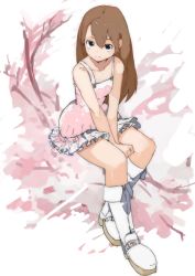 Rule 34 | 1girl, bad id, bad pixiv id, bare shoulders, blue eyes, boots, brown hair, dress, frills, from above, kureta (nikogori), looking up, original, personification, sitting, skirt, smile, solo, tank top
