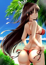 Rule 34 | 1girl, ass, back, beach, bikini, blue sky, blush, breasts, brown eyes, brown hair, butt crack, cloud, day, floating hair, from behind, hair ribbon, halterneck, hime cut, hiyou (kancolle), kantai collection, long hair, looking at viewer, looking back, makumaxu, medium breasts, ocean, outdoors, palm tree, red bikini, ribbon, sand, shoulder blades, side-tie bikini bottom, sidelocks, sky, smile, solo, swimsuit, tree, twisted torso, white ribbon, wind