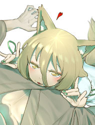 Rule 34 | 1boy, 1girl, animal ear fluff, animal ears, blonde hair, blurry, blush, commentary, depth of field, double fox shadow puppet, fingernails, fox ears, fox shadow puppet, fox tail, from above, green nails, hair between eyes, half-closed eyes, heart, highres, jewelry, kudamaki tsukasa, long fingernails, looking at viewer, nail polish, nekobatake, pink nails, pov, red nails, ring, solo focus, tail, touhou, under covers, yellow eyes