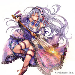 Rule 34 | 1girl, ahoge, arm up, bare shoulders, bow, bowtie, breasts, cleavage, company name, detached sleeves, dress, floral print, flower, foreshortening, frilled dress, frills, glowing, glowing weapon, hair between eyes, hair flower, hair ornament, hair ribbon, hairband, holding, holding polearm, holding spear, holding weapon, long hair, looking at viewer, madogawa, official art, polearm, red eyes, ribbon, sengoku gensoukyoku, silver hair, simple background, solo, spear, tassel, two-handed, weapon, white background, wide sleeves