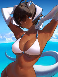 Rule 34 | 1girl, absurdres, ahoge, armpits, arms up, bikini, black hair, blue eyes, blue sky, breasts, cleavage, closed mouth, cloud, collarbone, crossed bangs, dark-skinned female, dark skin, day, distr, dragon girl, dragon horns, dragon tail, elbow gloves, gloves, hair between eyes, half-closed eyes, highres, horns, large breasts, looking at viewer, navel, ocean, original, outdoors, platinum dragon girl (distr), short hair, sky, smile, smug, solo, stomach, swimsuit, tail, upper body, wet, white bikini, white gloves