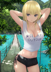 Rule 34 | 1girl, armpits, arms up, bare arms, bare shoulders, black shorts, blonde hair, blue eyes, breasts, bridge, cleavage, clothes writing, coffee-kizoku, collarbone, commentary request, cowboy shot, crop top, dappled sunlight, day, english text, engrish text, highres, large breasts, long hair, looking at viewer, mele retanagua, midriff, nature, navel, original, outdoors, parted lips, ranguage, river, shirt, short shorts, shorts, sleeveless, sleeveless shirt, solo, standing, stomach, sunlight, thighs, water, white shirt