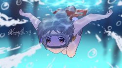 Rule 34 | 1girl, black hair, blurry, brown eyes, dated, depth of field, diving mask, facing viewer, full body, goggles, highres, kantai collection, maru-yu (kancolle), shinmai (kyata), short hair, solo, tagme, tomboy, twitter username, underwater