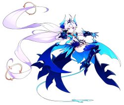 Rule 34 | 1girl, absurdres, blue bow, blue eyes, blue footwear, blue thighhighs, blue wings, boots, bow, elsword, floating, full body, gloves, highres, horns, hwansang, knee boots, long hair, luciela r. sourcream, noblesse (elsword), official art, smile, solo, tail, thighhighs, thighhighs under boots, tiara, transparent background, twintails, very long hair, white hair, wings