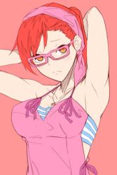 Rule 34 | 1girl, armpits, bandana, breasts, camisole, closed mouth, collarbone, devil survivor, glasses, highres, jewelry, looking at viewer, necklace, orange eyes, red hair, short hair, simple background, solo, star (symbol), striped, tanigawa yuzu, wuming