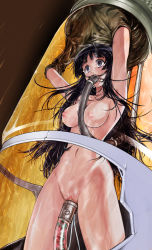 Rule 34 | 1girl, akiyama mio, arms up, automated reproduction, bdsm, between breasts, black eyes, black hair, blush, bondage, bound, breasts, bubble, collage (artist), cowboy shot, feeding, force-feeding, implantation, in container, insemination, intubation, k-on!, large breasts, long hair, machine, medium breasts, navel, nipples, nude, oxygen mask, pipelining, pussy, restrained, solo, stasis tank, tube, uncensored, underwater